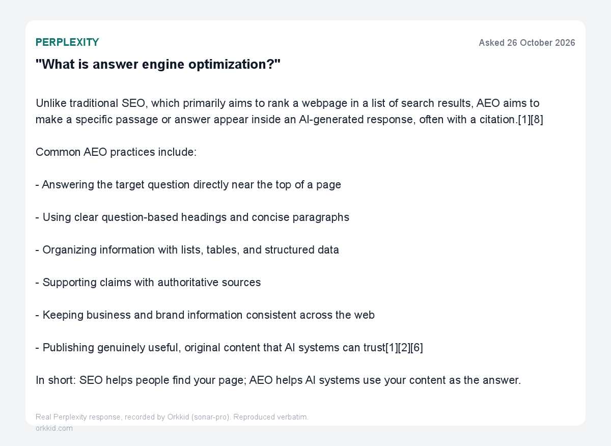 Perplexity answer explaining answer engine optimization and listing common AEO practices