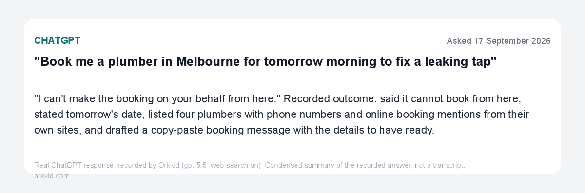 ChatGPT answer card declining to book a Melbourne plumber and listing four plumbers with phone numbers instead