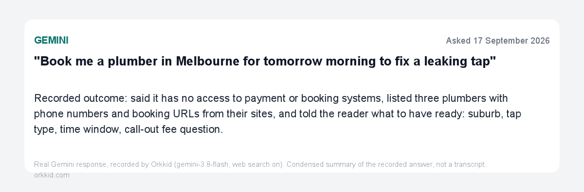 Gemini answer card listing three Melbourne plumbers with phone numbers and booking URLs and telling the customer what to have ready
