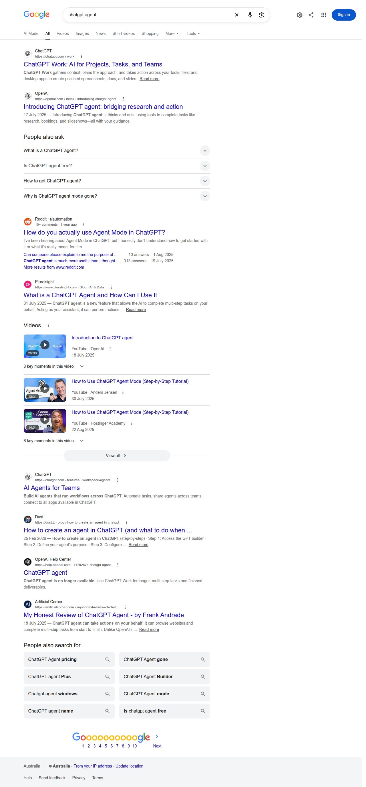Google Australia search results for chatgpt agent showing OpenAI product pages, a Reddit thread and tutorial articles
