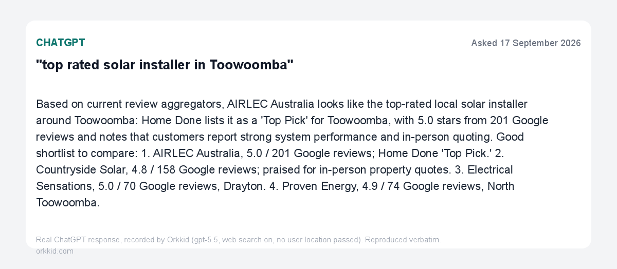 ChatGPT answer card for top rated solar installer in Toowoomba, naming five installers with star ratings taken from a review aggregator
