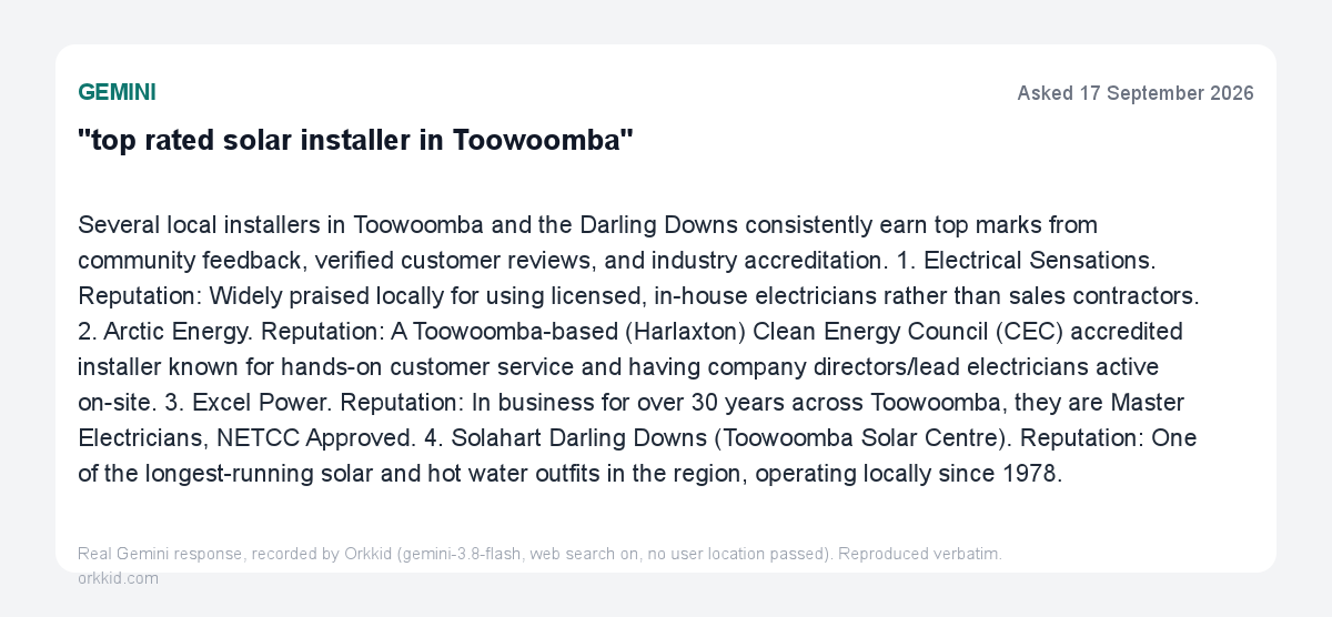 Gemini answer card for top rated solar installer in Toowoomba, naming five installers with reputation notes and no star ratings