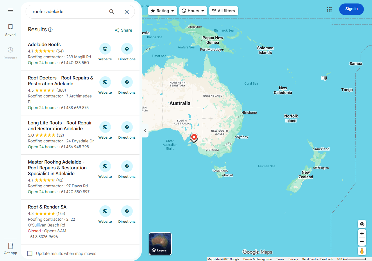 Google Maps results for roofer adelaide, showing the roofing businesses that all four engines named