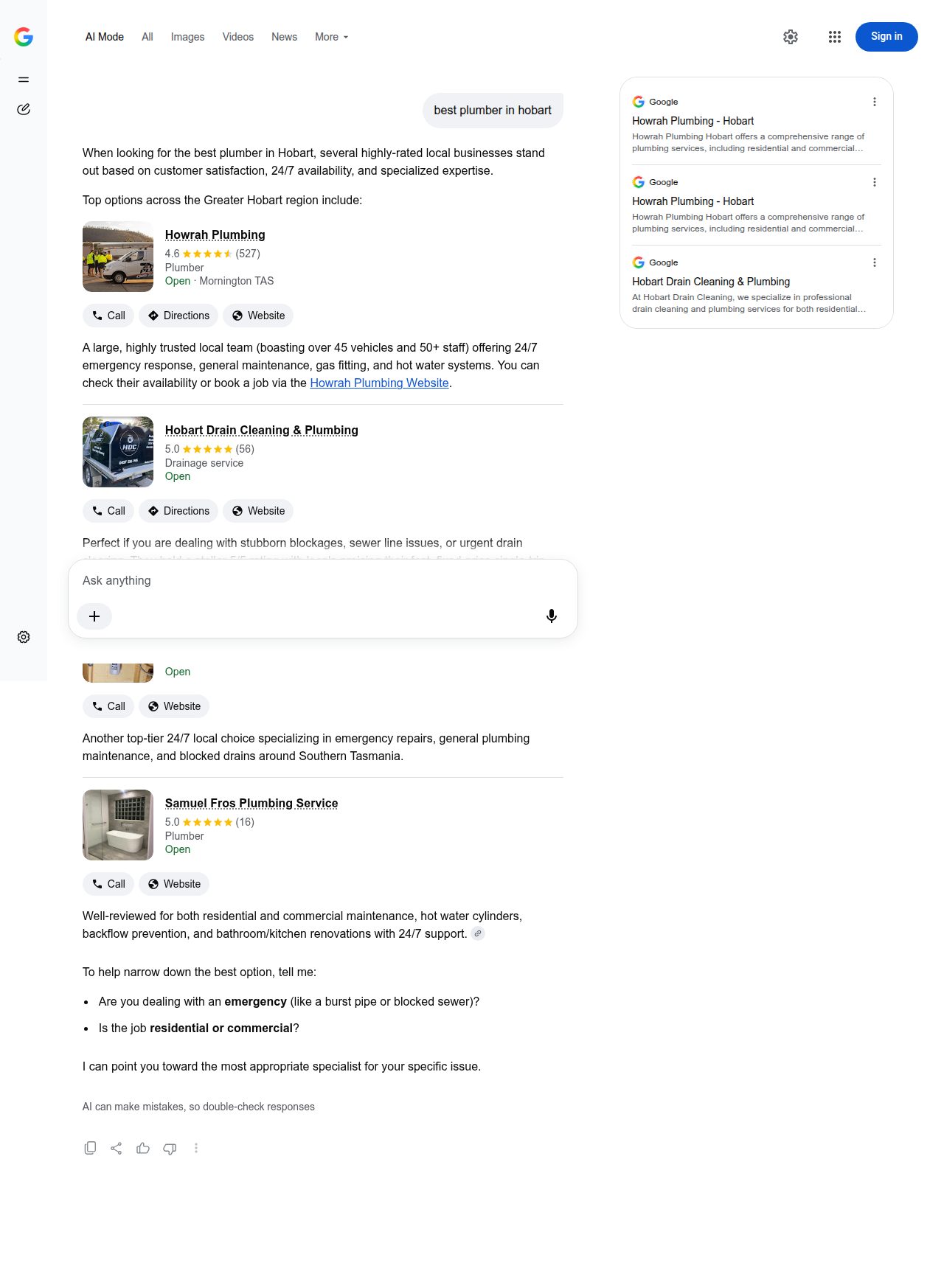 Google AI Mode answer in Australia for best plumber in hobart, showing four plumbers with star ratings, review counts and Call and Website buttons