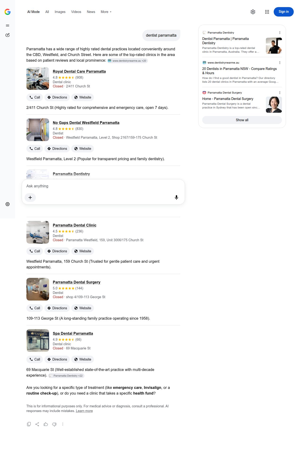 Google AI Mode answer in Australia for dentist parramatta, listing six dental practices with ratings and addresses