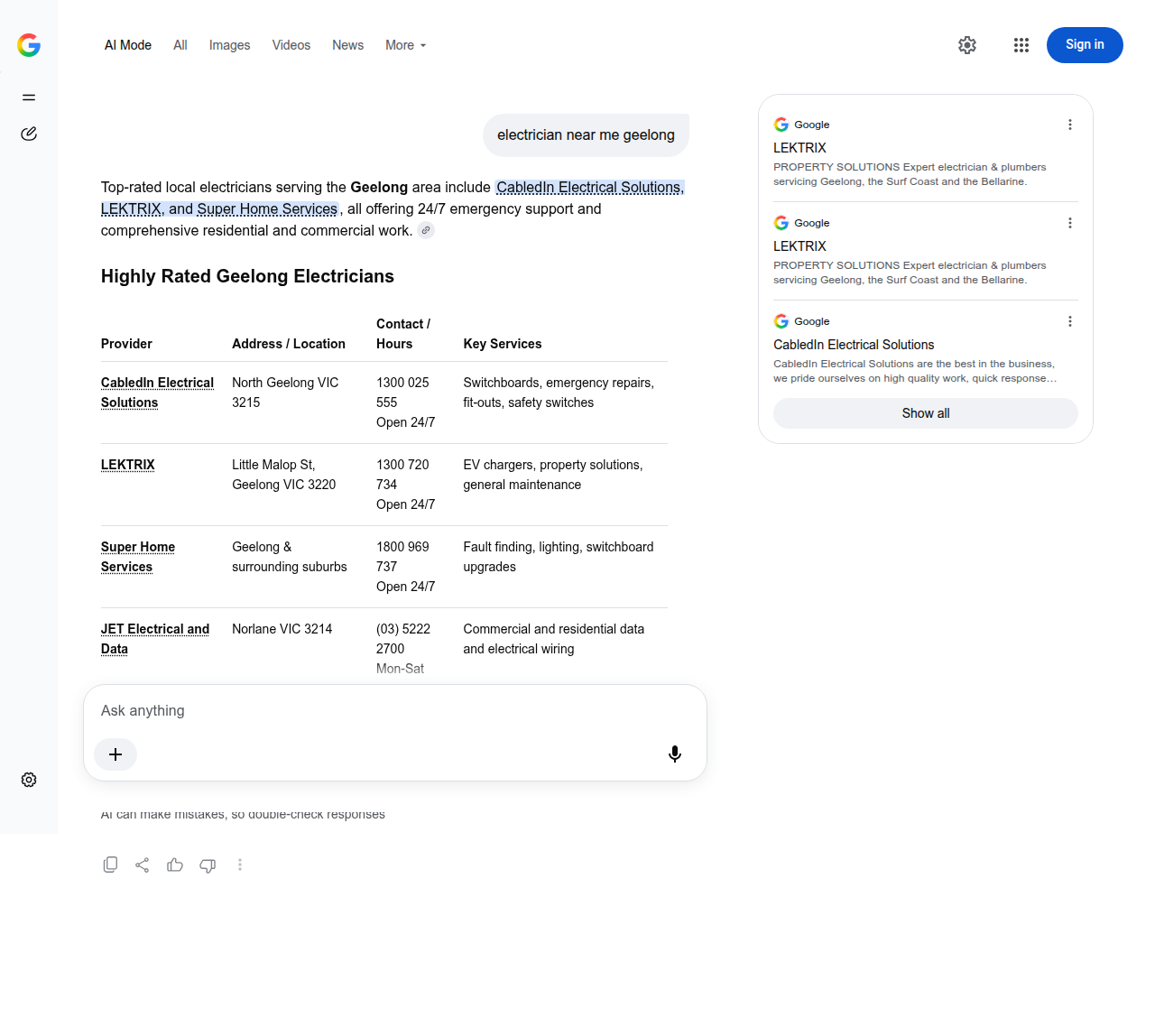 Google AI Mode answer in Australia for electrician near me geelong, a four row table of providers with addresses, phone numbers and opening hours