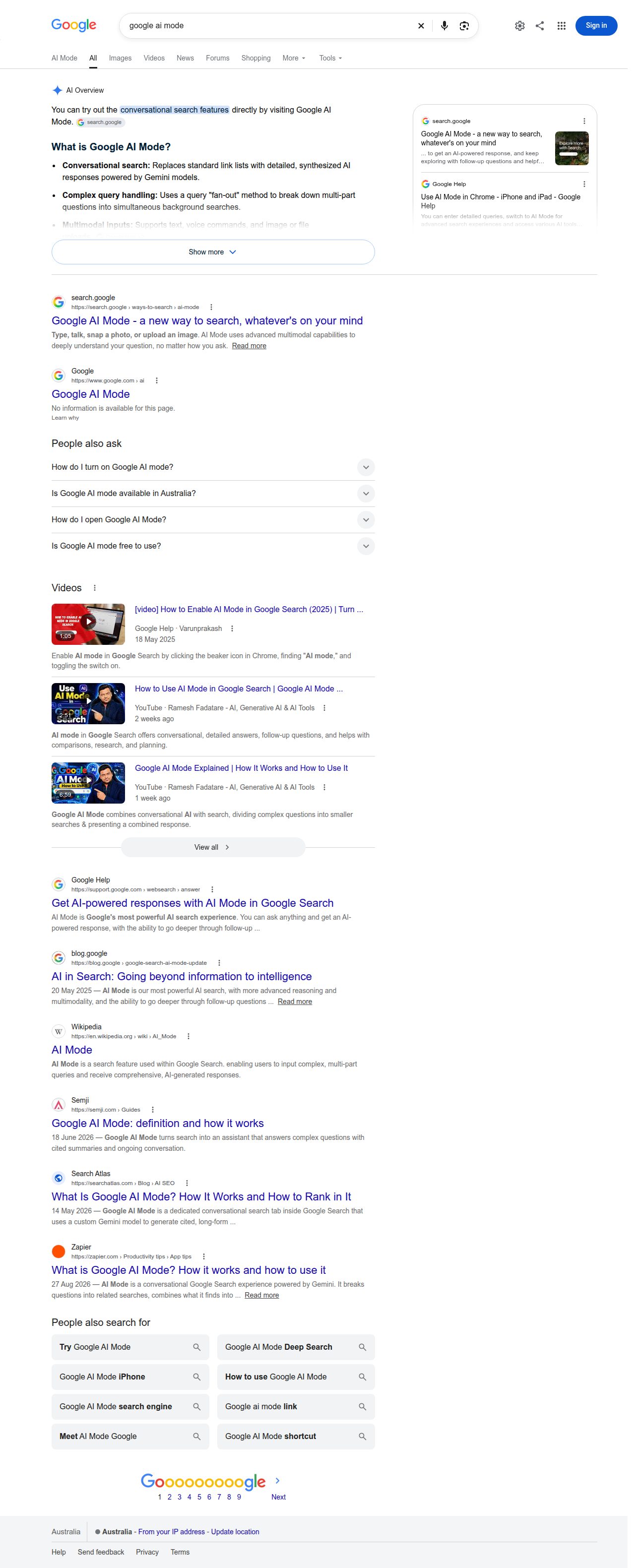Google Australia search results for the query google ai mode showing an AI Overview and Google product pages