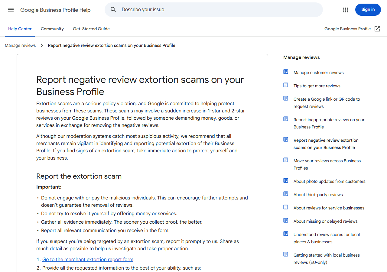 Google help page about negative review extortion scams and the Merchant Extortion Report Form