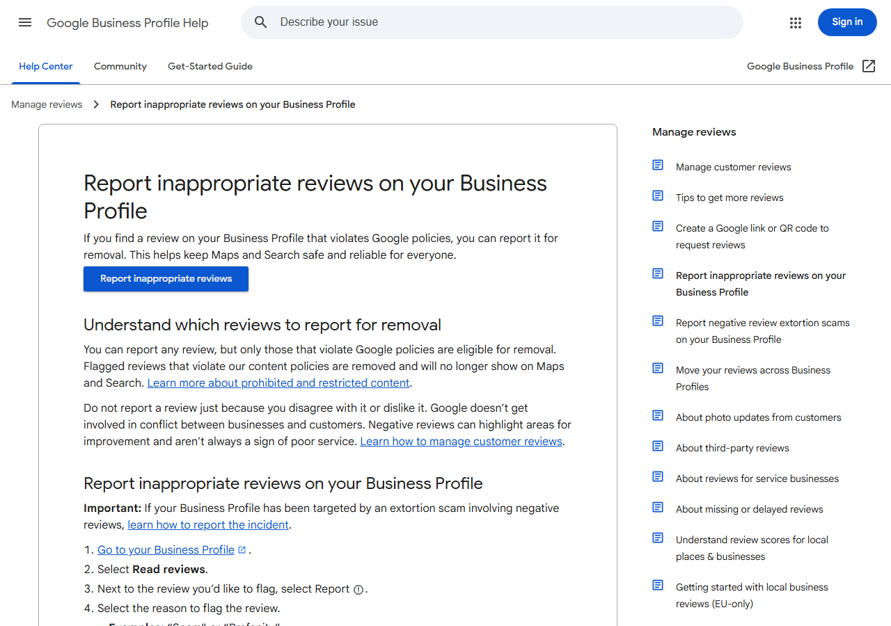 Google help page showing the report a review steps, the Reviews Management Tool and the three report statuses