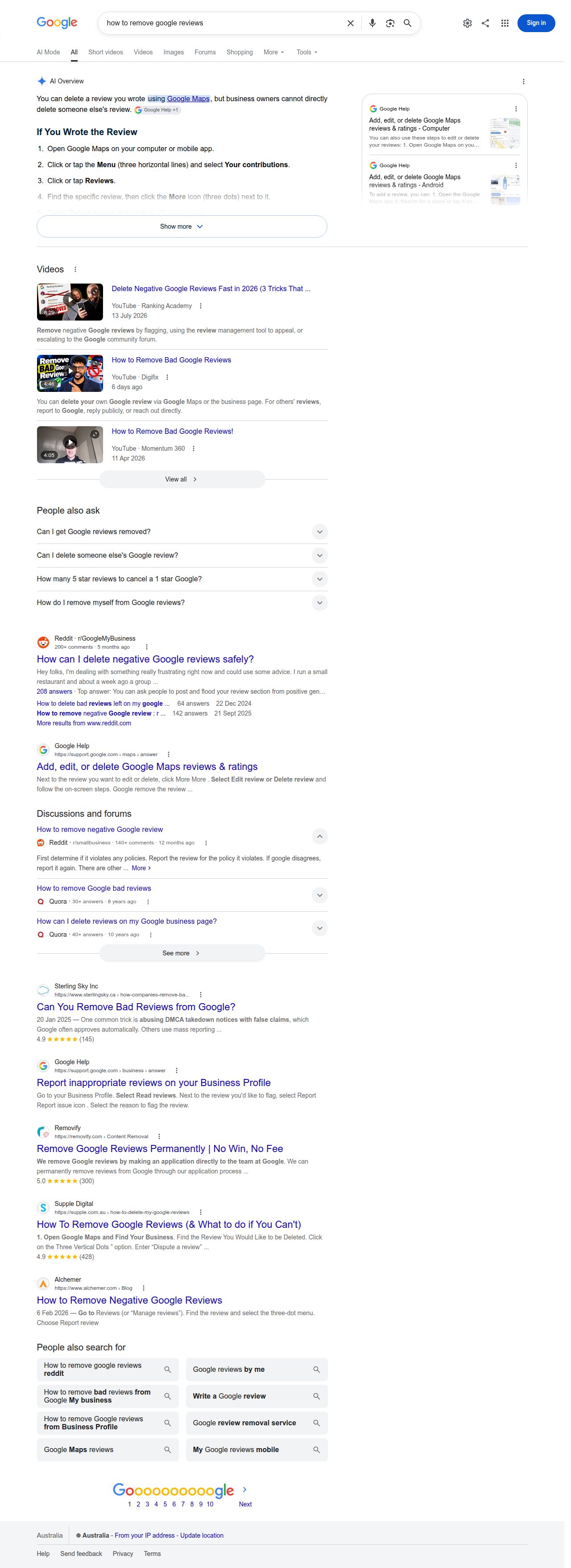 Google Australia search results for how to remove google reviews showing the AI Overview explaining owners cannot delete reviews