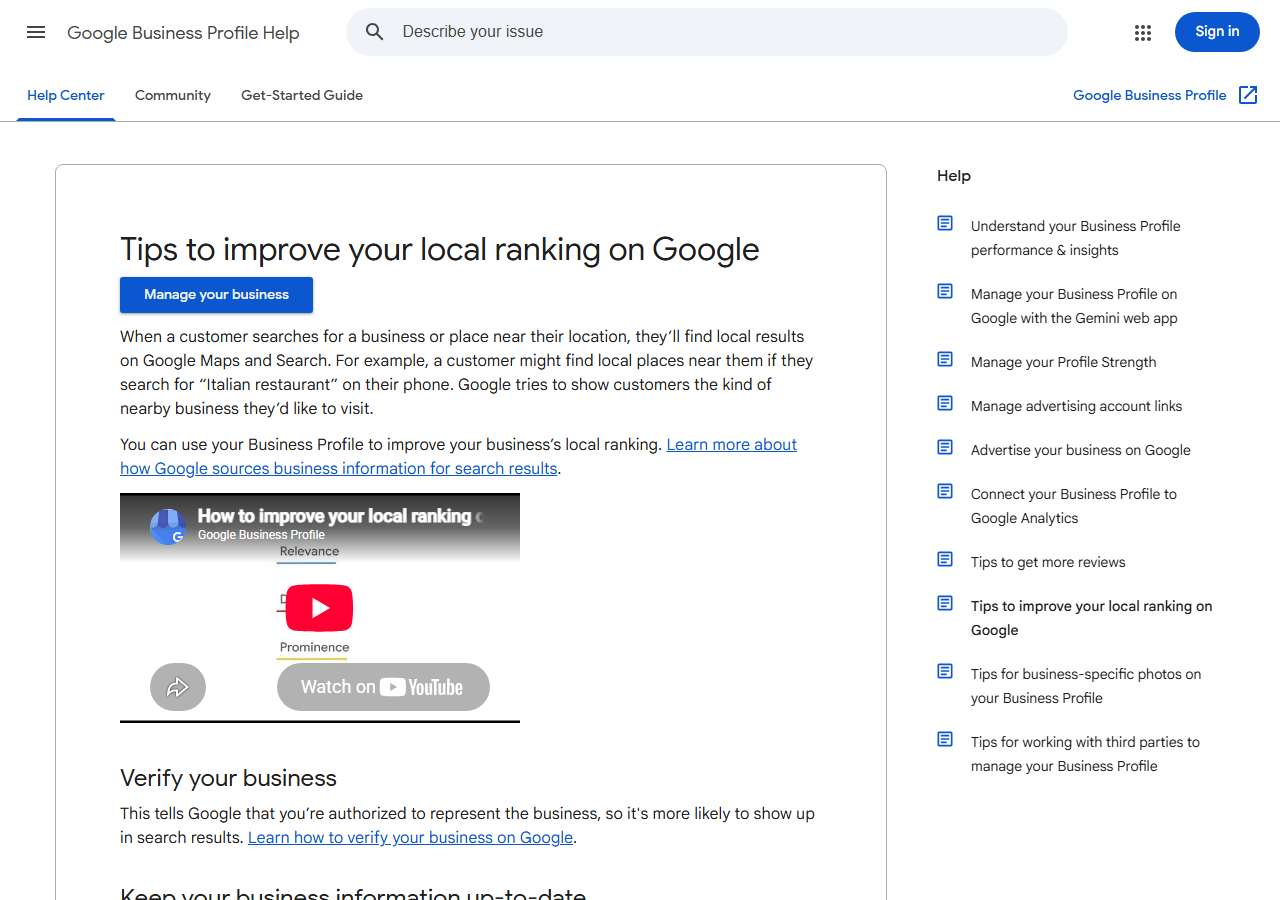 Google Business Profile Help page titled Tips to improve your local ranking on Google, explaining relevance, distance and prominence