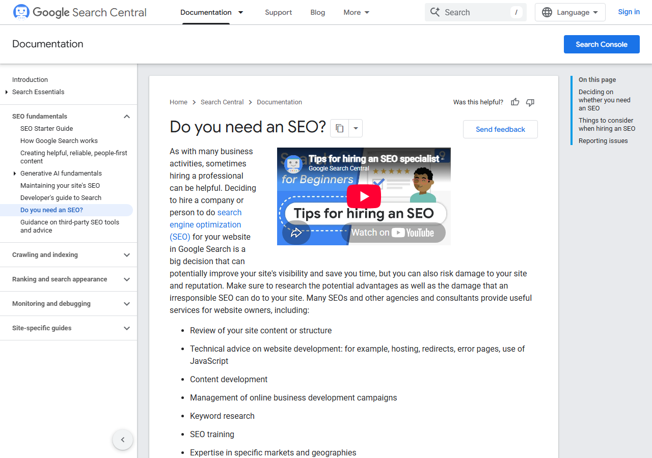 Google Search Central page titled Do you need an SEO, showing the list of questions to ask any SEO and the warning about ranking guarantees