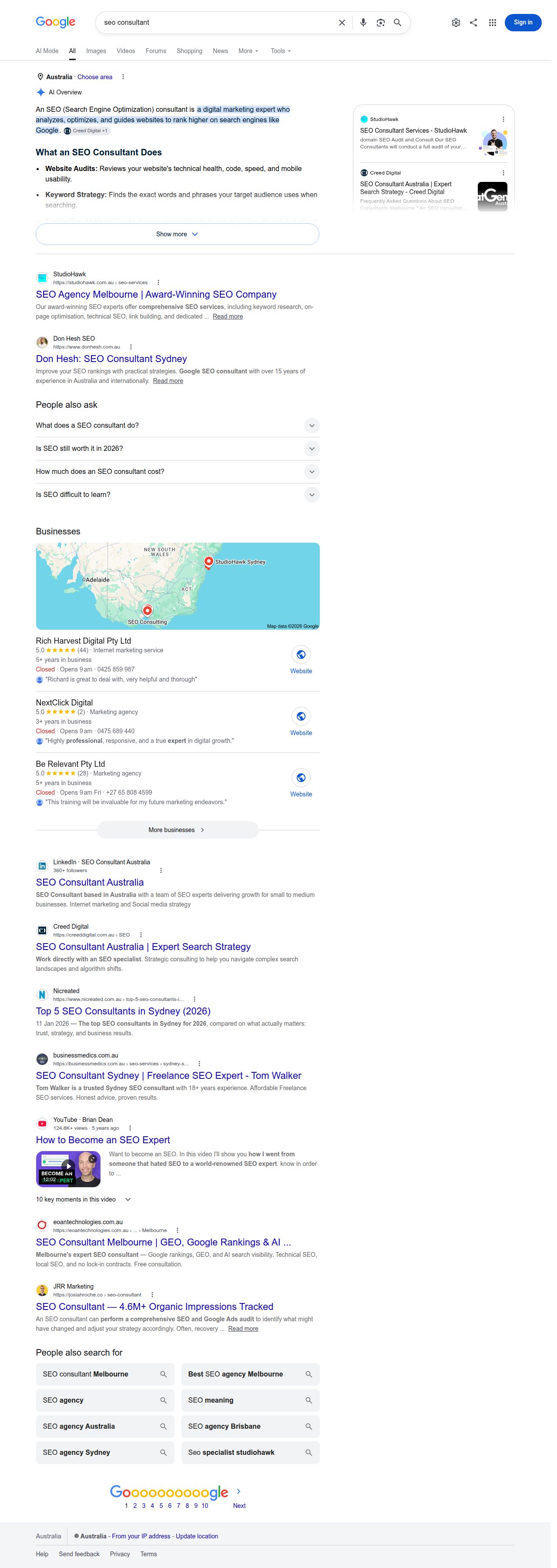 Google Australia search results page for the query seo consultant showing an AI Overview, a three business local pack and a run of consultant and agency service pages