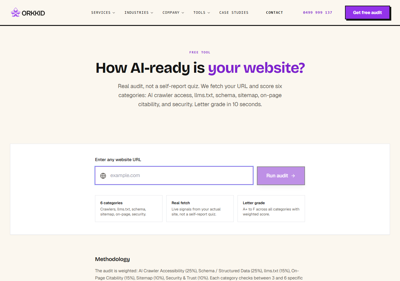 The Orkkid AI visibility audit tool showing where to enter a business name and location