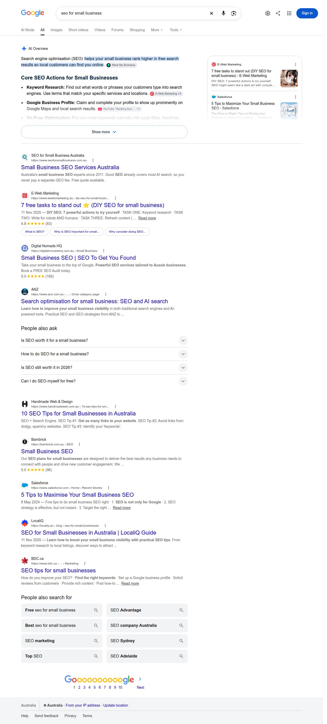 Google Australia search results for seo for small business showing an AI Overview above the organic results