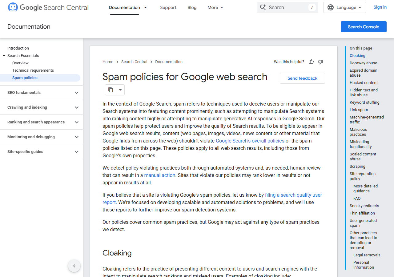 Google Search Central spam policies page showing the link spam and scaled content abuse definitions