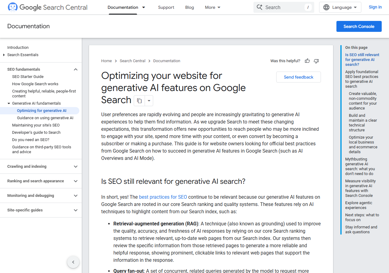 Google Search Central documentation page covering generative AI features, with its mythbusting section on screen