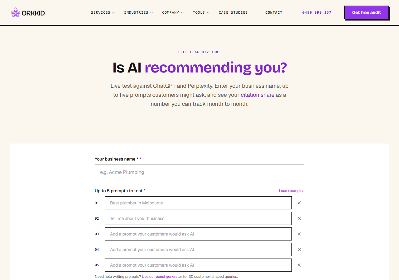 The Orkkid AI citation checker tool, where you enter a business name and customer questions to see which engines name you