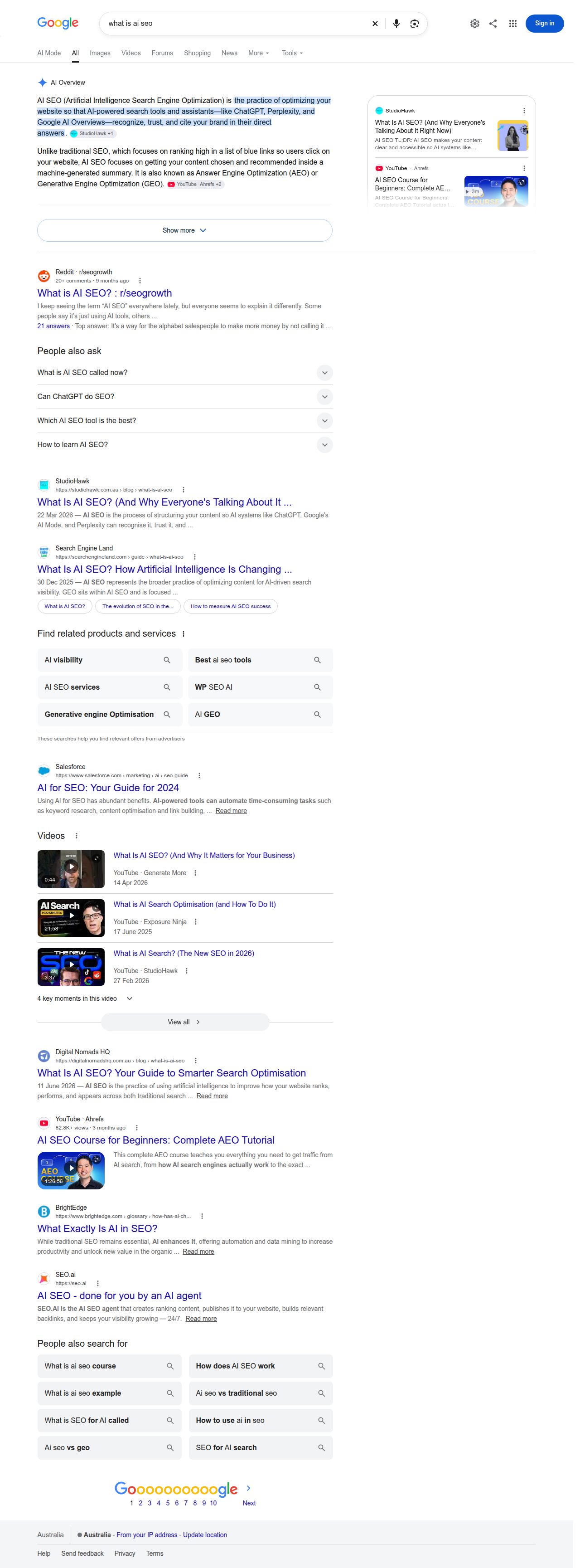 Google Australia search results for 'what is ai seo' showing the AI Overview definition and its cited sources