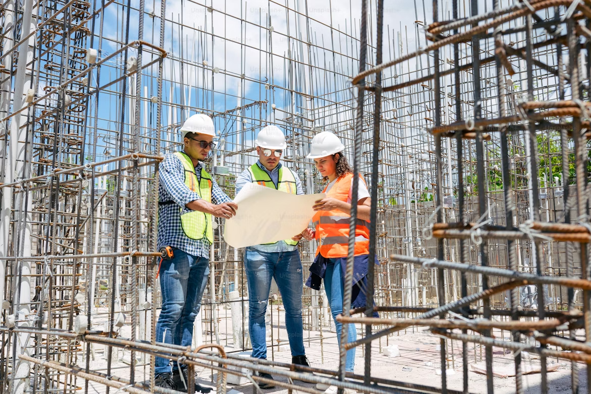 Construction workers reviewing building plans on a construction site